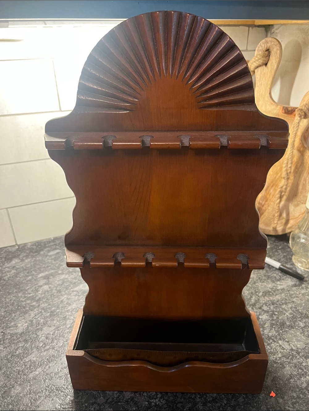 Wooden Wall Spoon Rack with Carved Sunburst and Bottom Copper Tray - Brown